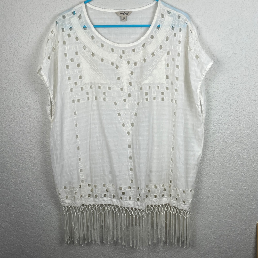 Lucky Brand Top Square Cutout Geometric Plus size 1X White Fringe Hem‎ Southwest